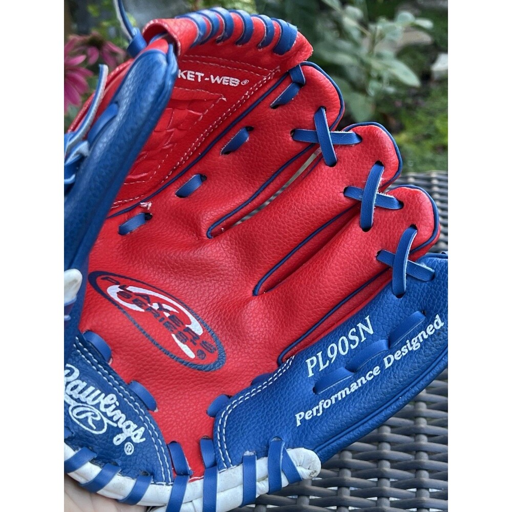 Rawlings PL90SN 9" Youth T-Ball Baseball Glove Red Blue Basket Web Kids